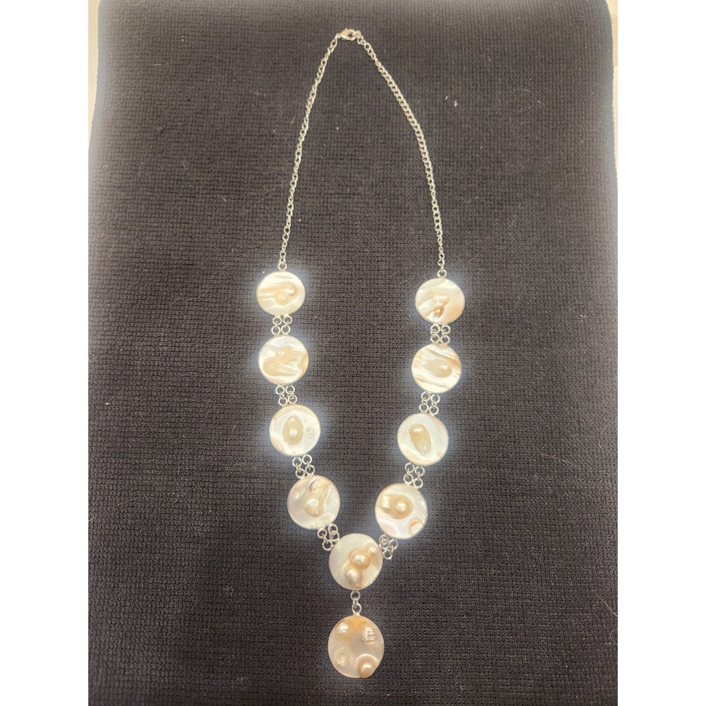 14‎ " Silver Tone Chain Y Statement Necklace with White Coin Freshwater Pearls